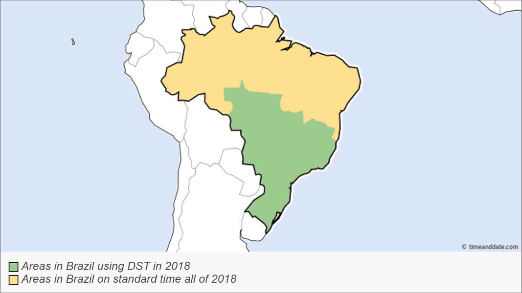 The end of Daylight Savings Time. 2018 map of Brazil showing time change regions.